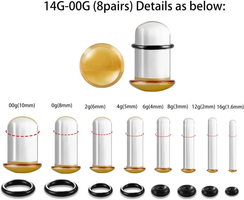 Atomhole Store 8 Pairs/16Pcs 14G-00G Glass Ear Gauges Stretching Kit Short Taper Expander Plugs Solid Tunnels Body Piercing Jewelry Set - Image 2